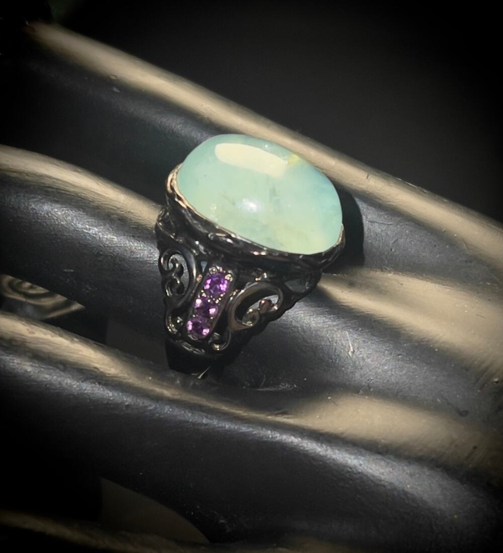 32 ct Aquamarine Cabochon Sterling Silver , Black Rhodium Finish Ring